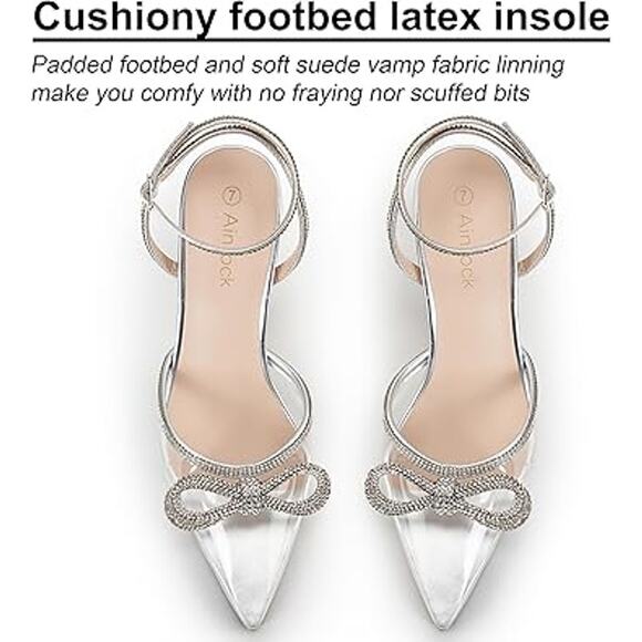 Ainrock Womens Size 8.5 SIlver Rhinestone Clear Strap Bow Wedding 3.5" Heels - Picture 5 of 6